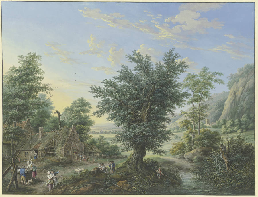 Reiche Landschaft mit Bäumen, Wiesen und Dörfern, vorne links eine Hütte mit Ziehbrunnen und vielen  from Karl Franz Kraul
