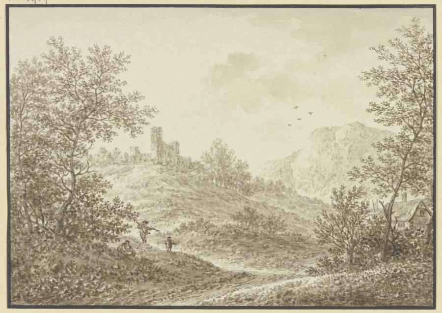Waldausgang mit Blick auf einen Hügel mit einer Ruine, im Vordergrund drei Figuren und rechts ein Ba from Karl Franz Kraul