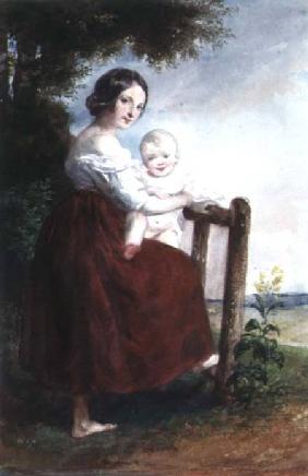 Girl holding a Baby: Landscape Background