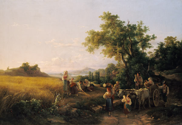 Italian landscape with ox cars during the grain harvest from Károly Markó