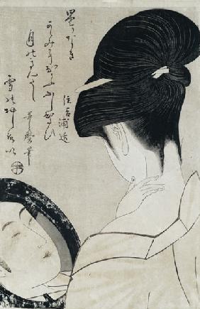 Young woman applying make-up, c.1795-96 (colour woodblock print) (see also 159179)