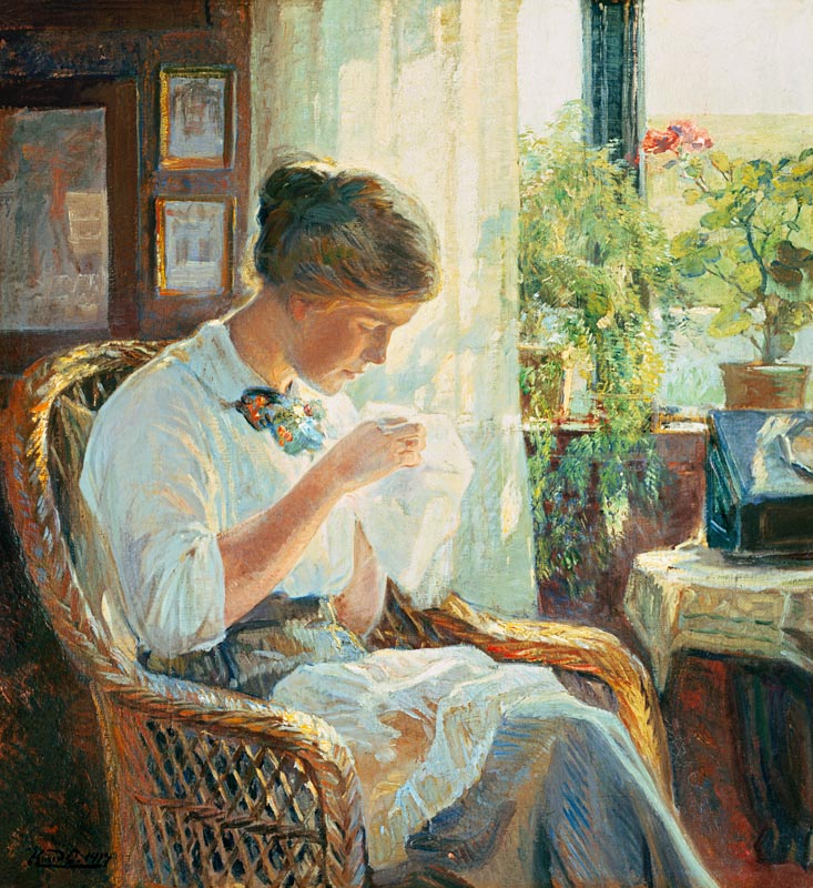 Sewing young woman at the window from Knud Erik Larsen