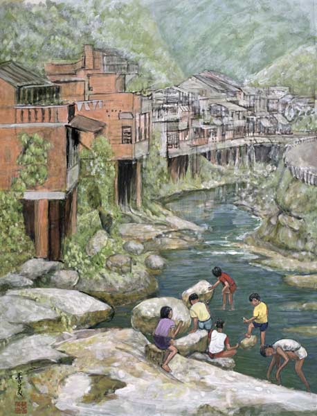 Village by the River, 1992 (gouache on silk)  from Komi  Chen