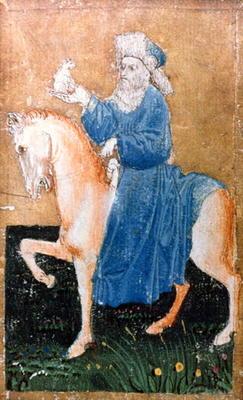 A mounted man holding a small dog, one of a set of playing cards depicting scenes of courtly hawking