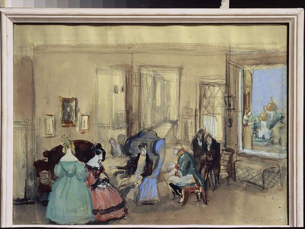 A scene from the theatre play The Government Inspector by N. Gogol from Konstantin Iwanowitsch Rudakow