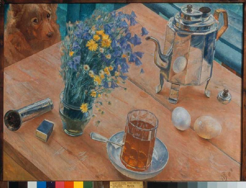 Das Morgen-Stillleben (Teekanne, Teeglas und Blumenvase) from Kosjma Ssergej. Petroff-Wodkin