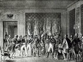 Napoleon gives the flags won at Austerlitz in 1805 to the Mayors of Paris visiting him at Schonbrunn