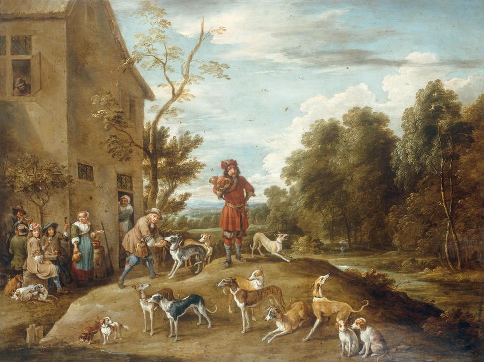 Huntsmen and Hounds in a Landscape from Lambert de Hondt