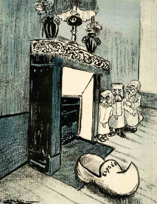 Georges Clémenceau, Armand Fallières and Émile Combes wait by the fireplace to surprise Santa. 1905. from Leal de Camara