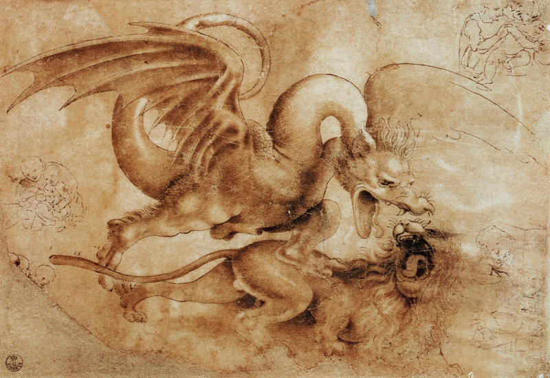 Fight between a dragon and a lion from Leonardo da Vinci