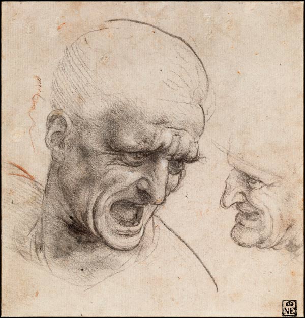Head studies on the Battle of Anghiari from Leonardo da Vinci