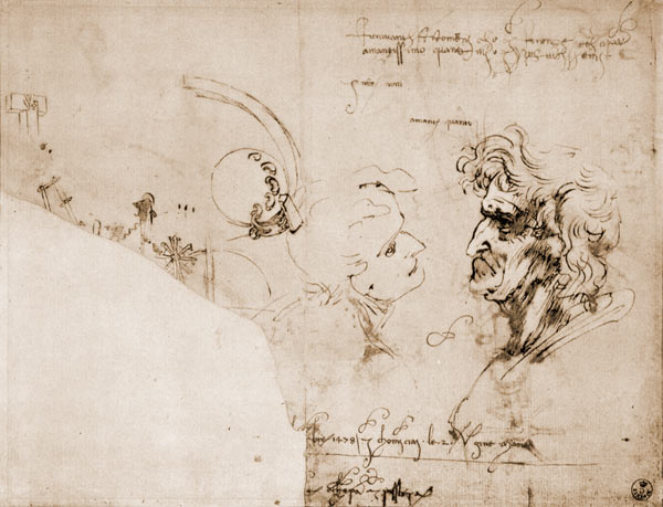 Study of two male heads, parts of machinery and mirror writing from Leonardo da Vinci