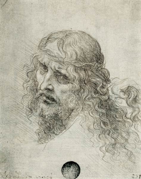 Head of Christ with a hand grasping his hair (black chalk on linen paper) from Leonardo da Vinci