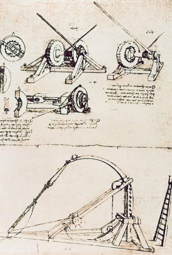 Study for catapults (pen & ink on paper) from Leonardo da Vinci