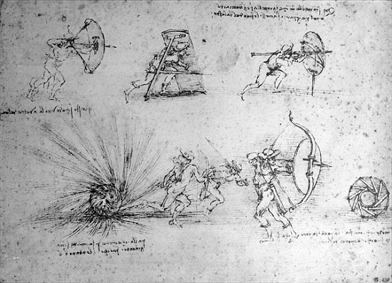 Study with Shields for Foot Soldiers and an Exploding Bomb, c.1485-88 (pen and ink on paper) from Leonardo da Vinci