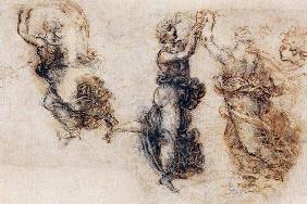 Three dancing figures and a study of a head (sepia & black ink on linen paper)