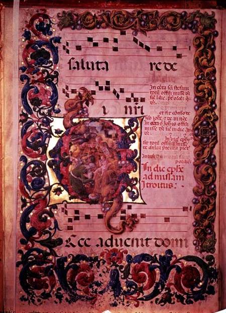 Page of music with an historiated initial 'G' depicting the Adoration of the Magi, from an antiphona from Liberale  da Verona