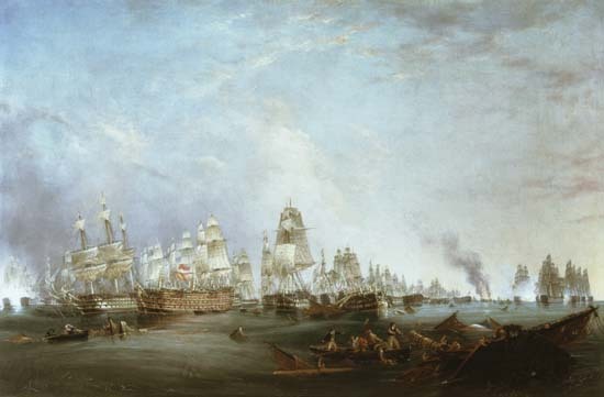 Surrender of the 'Santissima Trinidad to Neptune, The Battle of Trafalgar, 3pm from Lieutenant Robert Strickland Thomas
