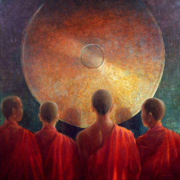 Young Monks with Gong (oil on canvas) 