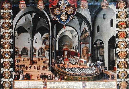Organ door depicting the Council of Aquileia in 1596 at Udine from Lodewyk Pozzoserrato Toeput