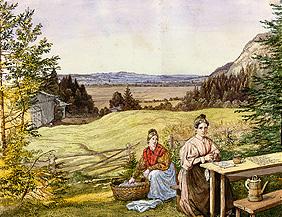 Look over a hill landscape with two women at a table.