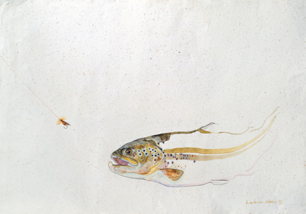 Trout chasing a fisherman''s fly (mixed media) (1991)  from Lou  Gibbs