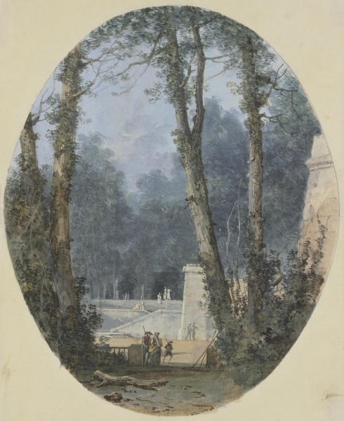 Park Landscape with Tall Trees and Stone Ramp in Mid-Field from Louis Gabriel Moreau