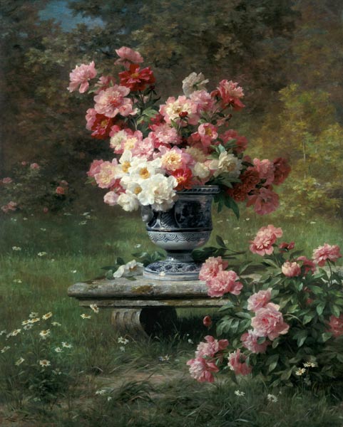 Vase with peonies in a garden from Louis Marie Lemaire