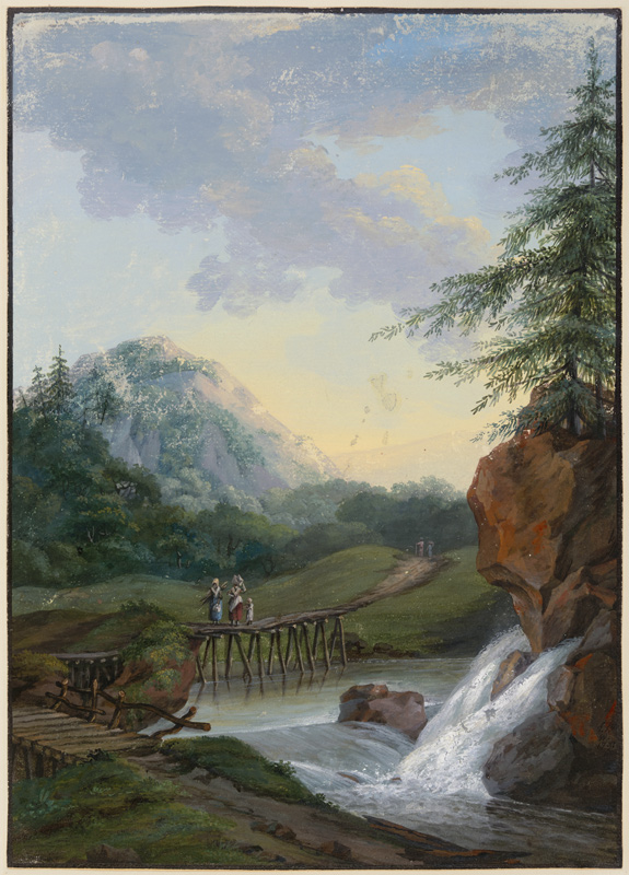 Landschaft mit einem Wasserfall und einem Steg, auf dem zwei Frauen und ein Kind gehen from Louise van Panhuys