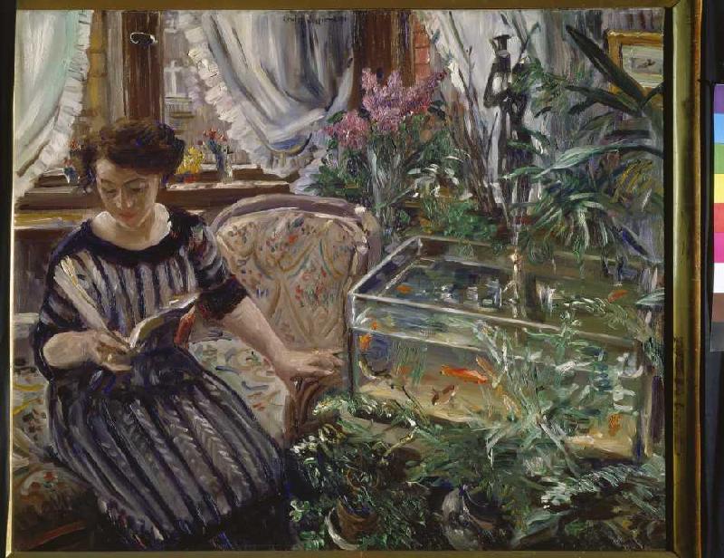 Reading woman at the goldfish pool from Lovis Corinth