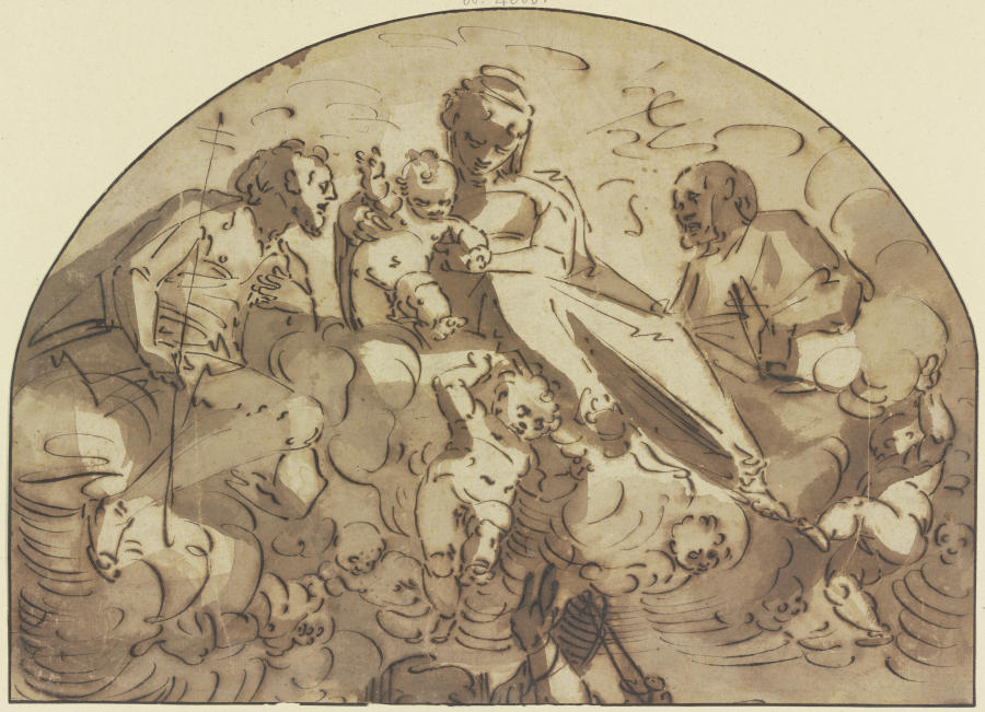 Madonna auf Wolken von Engeln getragen zwischen zwei Heiligen from Luca Cambiaso