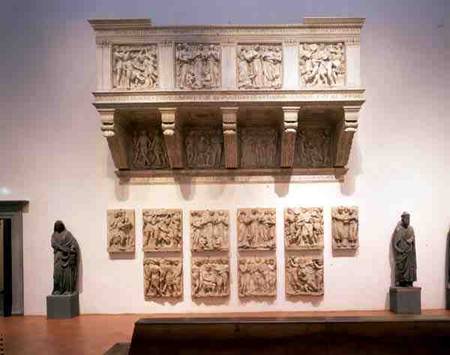 Reconstructed Cantoria, with the original panels below from Luca Della Robbia