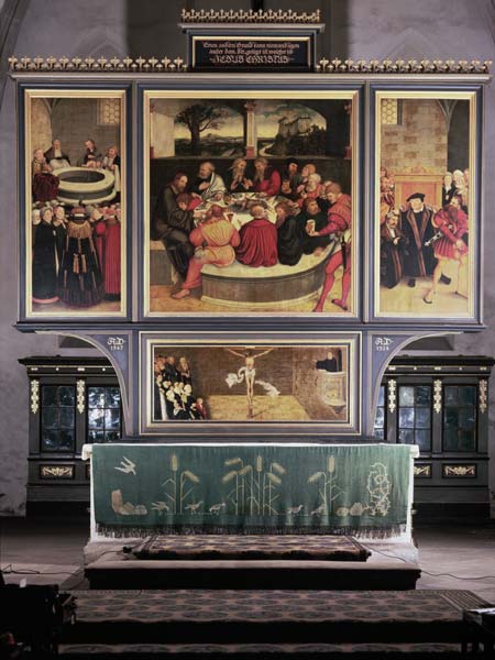 Altar with a Triptych depicting: left panel, Philipp Melanchthon (1497-1560) performing a baptism as from Lucas Cranach the Elder