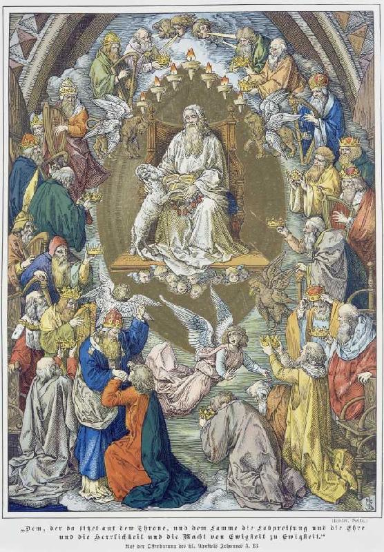 Adoration of God with the lamb by four living being and 24 old one revelation of Johannes 5,13th end from Ludwig Seitz