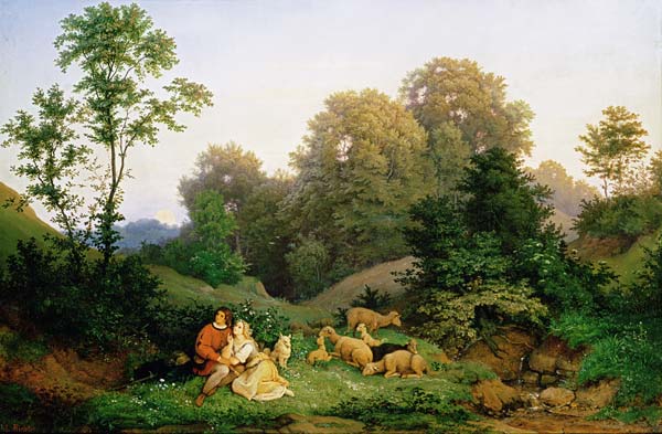 Shepherd and Shepherdess in a German landscape from Ludwig Adrian Richter