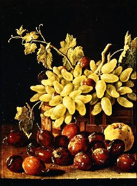 Still life with grapes, apple and plums