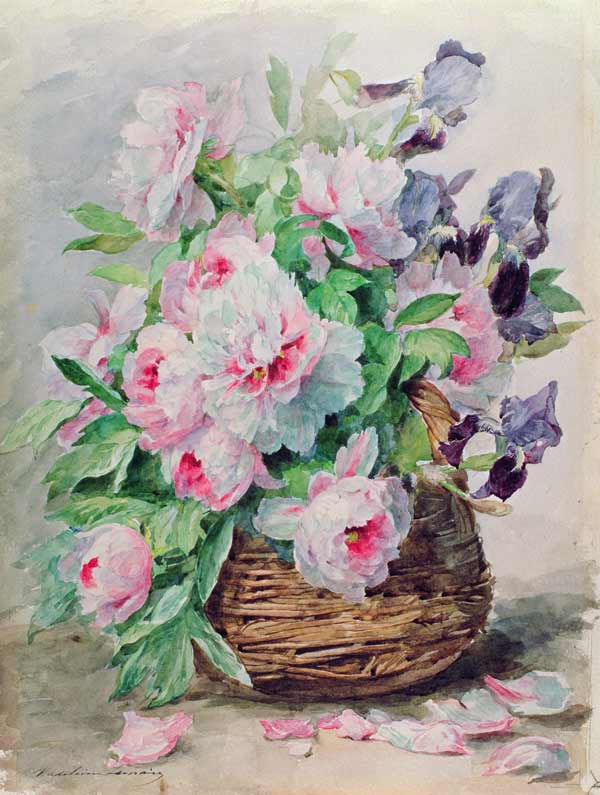 Irises and Peonies in a Basket (w/c and gouache on paper) from Madeleine Lemaire