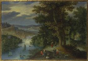 Wooded riverside with strollers and sailing boats