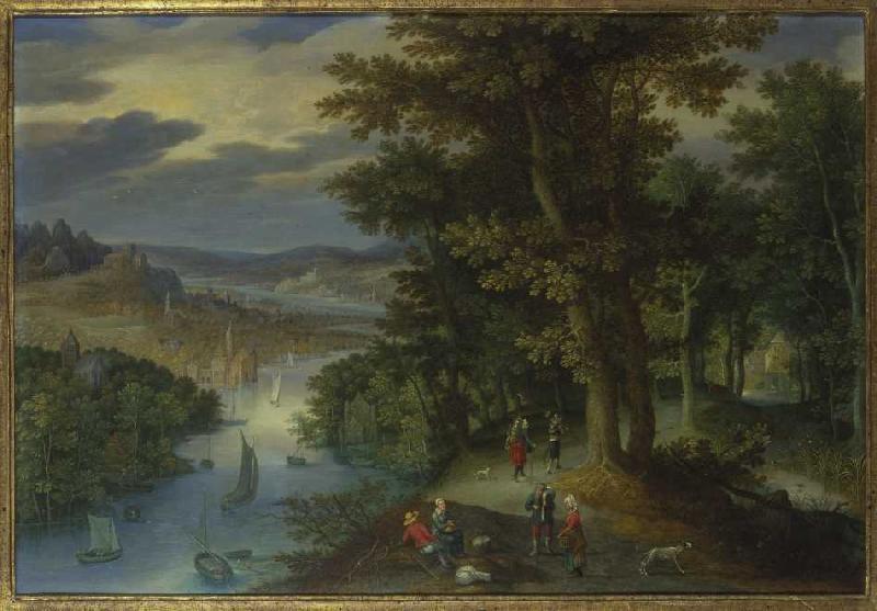 Wooded riverside with strollers and sailing boats from Maerten Ryckaert