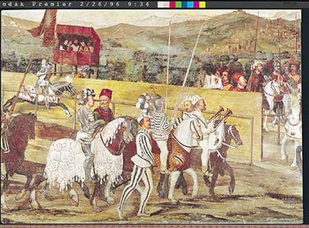 Tournament in Honour of Christian I (1426-81) of Denmark at Castello di Malpaga, detail from the rig from Marcello Fogolino