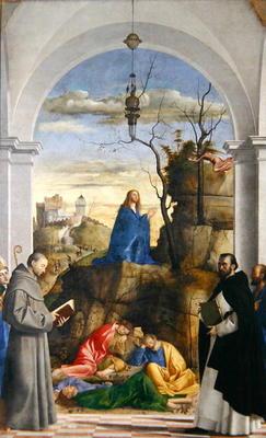 Agony in the Garden with SS. Dominico, Mark, Louis of Toulouse and Francis of Assisi, 1510 (oil on c
