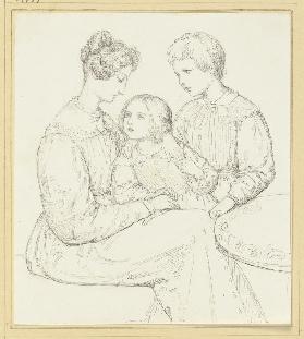 Familienbild: Sitzende Mutter mit Sohn und Tochter