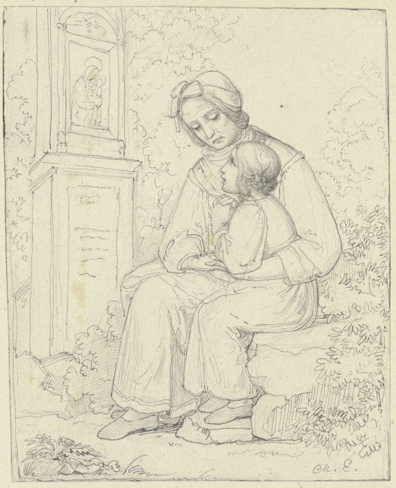 Mutter mit betendem Kind vor einem Bildstock mit einem Madonnenbild from Marie Ellenrieder