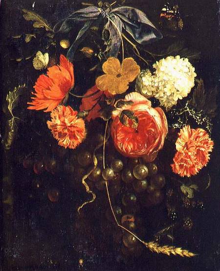 Still Life with a Swag of Fruits and Flowers Tied with a Blue Ribbon from Maria van Oosterwyck