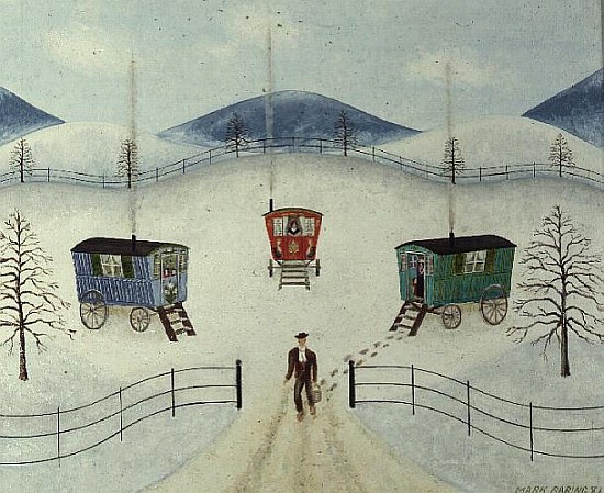 Gypsy Caravans in the Snow, 1981 (oil on board)  from Mark  Baring