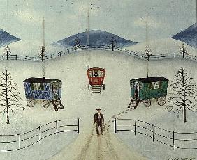 Gypsy Caravans in the Snow, 1981 (oil on board) 
