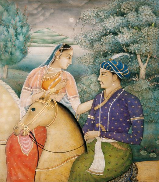 A Couple on Horseback Beside a Moonlit Lake (tempera on panel) 