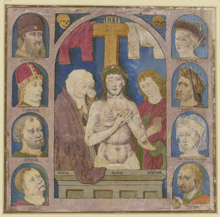 Christus als Schmerzensmann zwischen Maria und Johannes, rechts und links je vier Köpfe von am Passi from Martin Schongauer