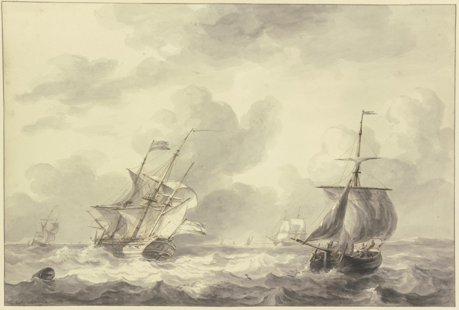 Zwei Schiffe auf bewegter See, links eine Tonne from Martinus Schouman