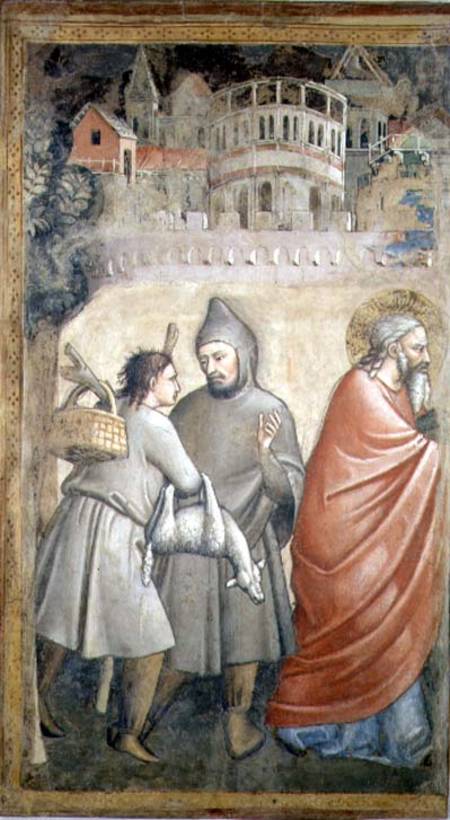 The Meeting at the Golden Gate, detail depicting two men conversing and the figure of Joachim from Maso di Banco Giottino